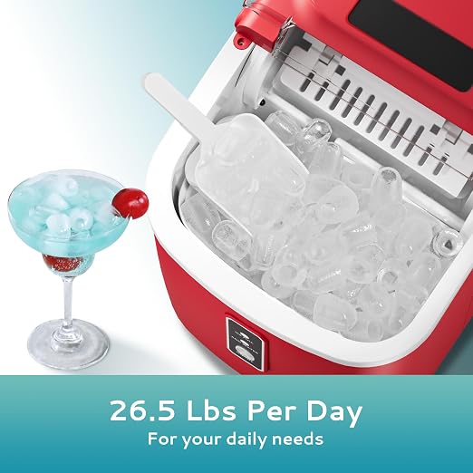 EUHOMY Countertop Ice Maker Machine with Handle, 26.5lbs Per Day, 9 Cubes in 6 Mins, Auto-Cleaning Portable Ice Maker with Basket and Scoop, for Home/Kitchen/Camping/RV (Red)