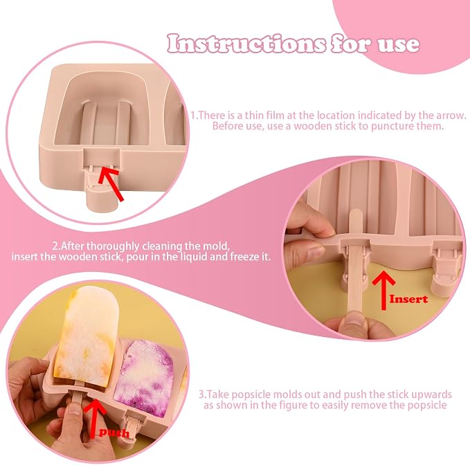 WMKGG Popsicle Silicone Molds Set, 2 PCS Ice Cream Molds with 50 Wooden Sticks for Cake Pop, Ice Pop, Cakesicles (Pink)