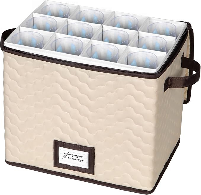 Wine Glass Storage Box with Dividers, Holds 12 Champagne Flute 3" Wide | Stemware Storage Case, Protects Fine China, Durable Quilted Microfiber, Carry Handles, Ideal for Champagne Flute