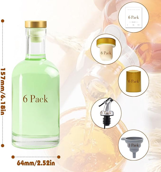 Olive Oil Dispenser Bottle for Kitchen, Clear Glass Oil and Vinegar Dispenser Set, Coffee Syrup Dispenser, Container With Metal Pour Spout, Airtight Lid, Funnel, Waterproof Labels (200ml-6 Pack)