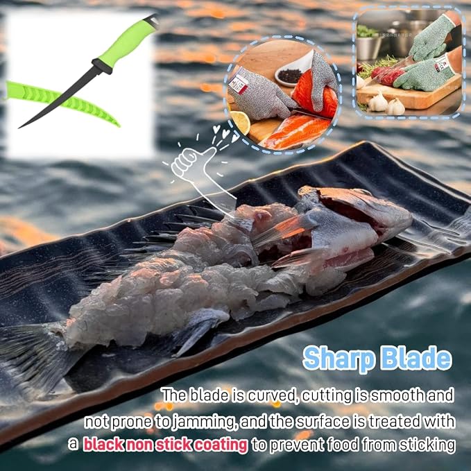 Fishing Knife Set, Fish Cleaning Kit, Filet Knife for Fish, Fish Scale Cleaning Brush, Multi-Functional Scissors, Gloves, Fishbone Tweezers, Storage Bag,Fishing Accessories,Fishing Tool Kit