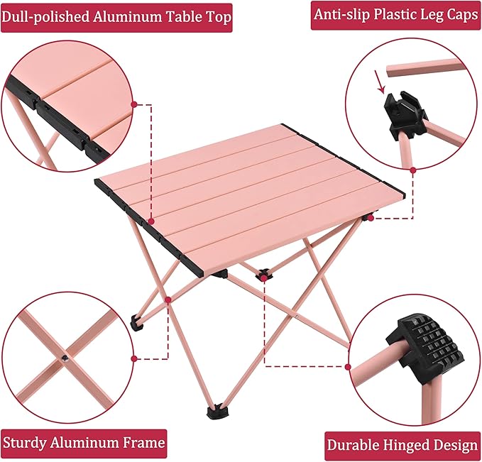 Grope Portable Beach Table for Sand, Folding Camping Table (Pink-L) | Aluminum Table With Carry Bag for Camping，Portable & Easy to Carry，Prefect for Outdoor, Picnic, BBQ, Cooking, Beach