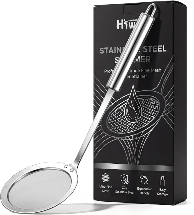 Hiware Stainless Steel Fat Skimmer Spoon - Fine Mesh Food Strainer for Grease, Gravy and Foam, Japanese Hot Pot Skimmer with Long Handle