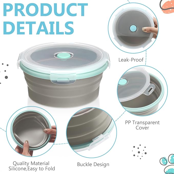 4 Pcs Collapsible Bowls with Lids Silicone Camping Food Storage Container Expandable Folding Salad Lunch Box Travel Container for Hiking Camping