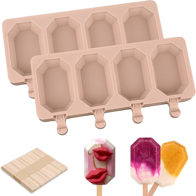 Popsicle Silicone Molds Set, 2 PCS Ice Cream Molds with 50 Wooden Sticks for Cake Pop, Ice Pop, Cakesicles (Octagon/Pink)