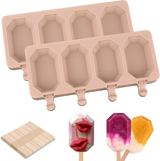 Popsicle Silicone Molds Set, 2 PCS Ice Cream Molds with 50 Wooden Sticks for Cake Pop, Ice Pop, Cakesicles (Octagon/Pink)