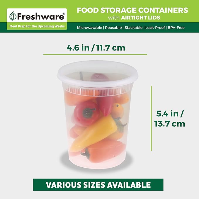 Freshware Food Storage Containers [24 Set] 32 oz Plastic Deli Containers with Lids, Slime, Soup, Meal Prep Containers, BPA Free, Stackable, Leakproof, Dishwasher and Freezer Safe, Translucent