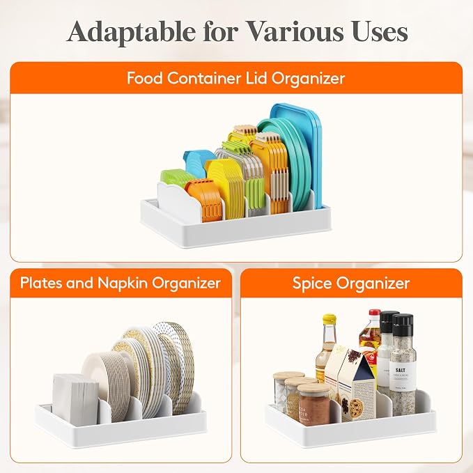 Lifewit Kitchen Cabinet Organizer for Food Contanier Lid with 7 Sections | Lid Holder with 6 Adjustable Dividers for Pantry Organizers and Storage, Home Drawer Organization, White, Large, 13" x 10"