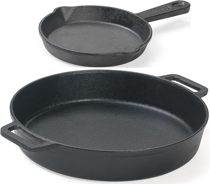 ESTAS 10.25 Inch Cast Iron Skillet with Dual Assist Handles – Pre-Seasoned Frying Pan for Oven, Stovetop, Grill & Campfire – Superior Heat Retention - Includes 5.5 Inch Cast Iron Mini Skillet