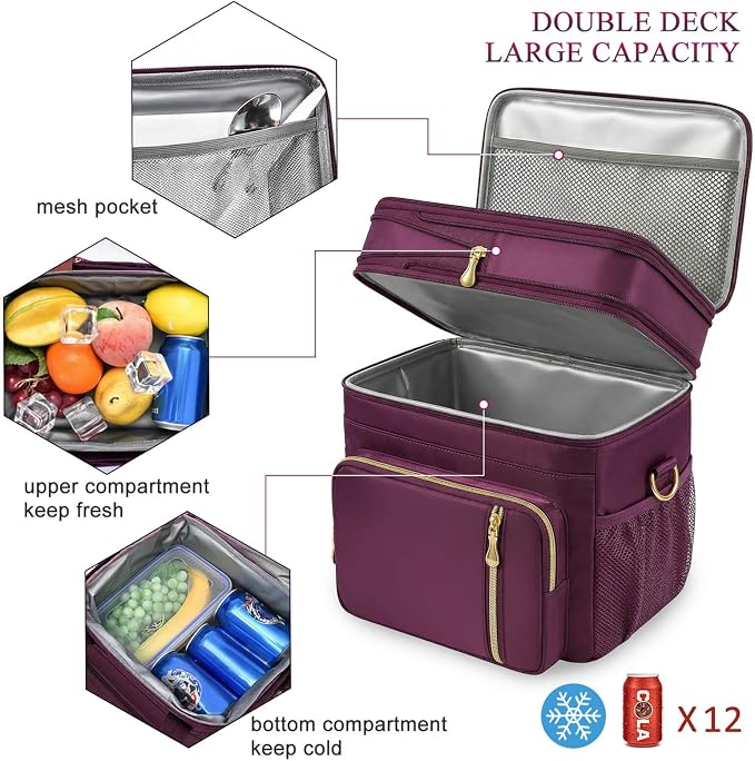 MIYCOO Lunch Bag for Women & Men, Expandable Double Deck Lunch Box, 15L | Leakproof & Waterproof, Portable, Large Soft Insulated Cooler bag for Adult, Work, Camping, Beach, Picnic, Travel