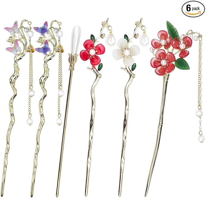 6PCS Butterfly Flower Hair Sticks for Buns Long Hair Chinese Hanfu Asian Vintage Floral Hairpins Hair Chopsticks with Pearl Tassel for Women Girls