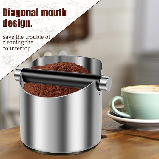 4.3Inch Coffee Knock Box, Stainless Steel Espresso Knock Box,Non Slip Beveled Coffee Ground Bin Large Espresso Dump Bin with Removable Knock Bar