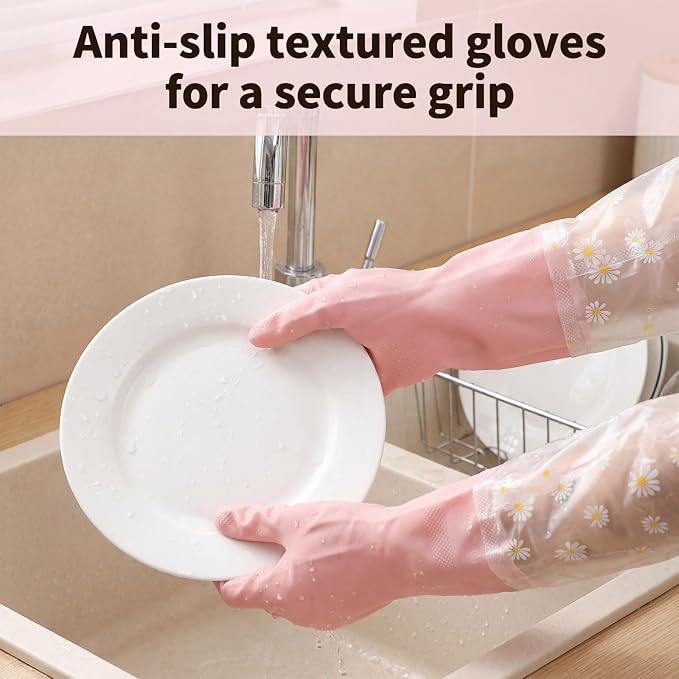 Reusable Pink Rubber Gloves, Pink Dishwashing Cleaning Gloves, Non-Slip Laundry Kitchen Gardening Household Gloves with Long Elastic Cuffs