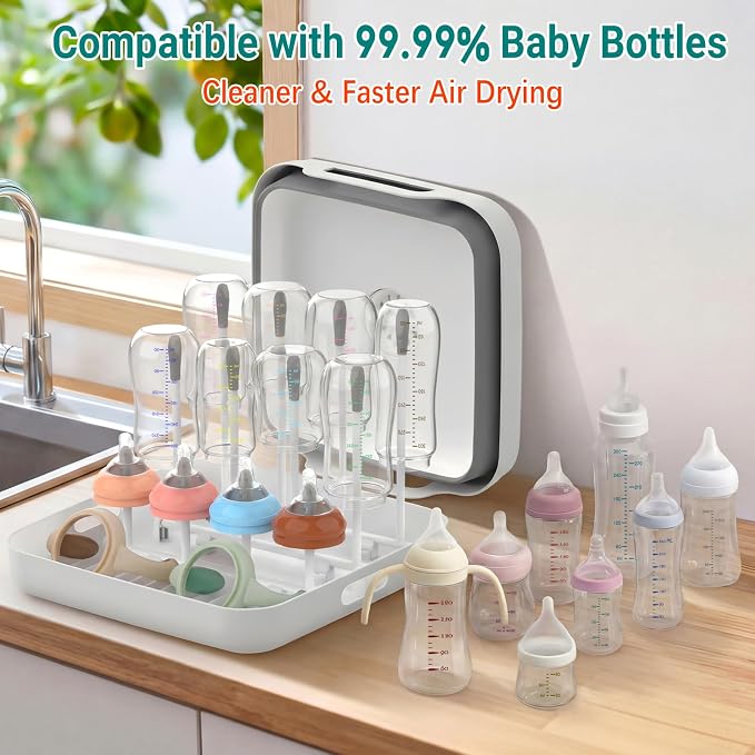 Yecuip Collapsible Baby Bottle Wash Basin w/Drying Rack & Drain Plug, Gray | 2.4 Gallon Foldable Dish Tub w/Handles,Portable RV Camping Sink & Space-Saving Wash Bin with Lid for Kitchen,Travel & Outdoor