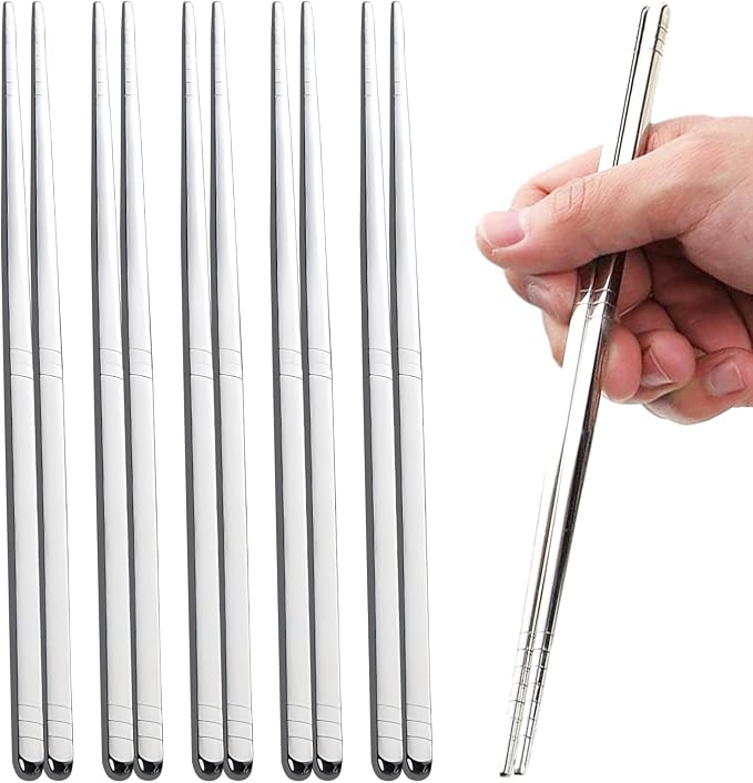 Metal Chopsticks Set 5 Pairs, Stainless Steel Square Chopsticks 8.86 in, Mirror Polished Silver, Non Slip Tip Reusable Chop Sticks for Noodles Dumplings Sushi, Dishwasher Safe