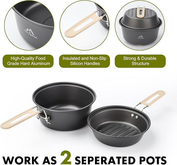 THTYBROS 27pcs Camping Cooking Set for 2-4 People, Portable Cookware Set with Kettle, Pots & Pans, Stainless Steel Utensils, Plates, Dishware for Backpacking, Picnic, Outdoor Adventures