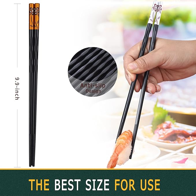 Fiberglass Chopsticks Series - Japanese Non-Slip Chopstick, Reusable Chop Sticks Dishwasher Safe, 5 Pairs, Gift Set, 9.9 Inches, Spring Flower