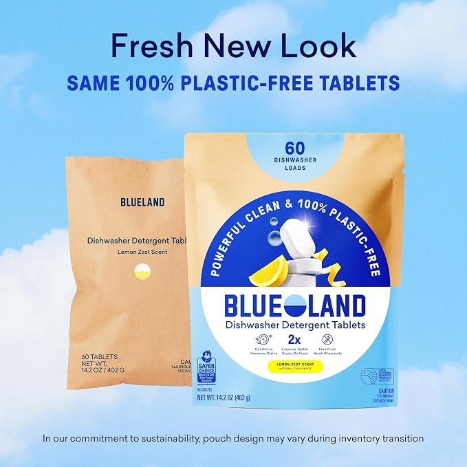 BLUELAND 100% Plastic-Free Dishwasher Detergent Tablets, Starter Set, 60 Count with tin, Lemon Zest, Eco-Friendly Dishwashing Pods, Cuts Grease & Stuck on Food, Rinses Clean for Streak-Free Shine