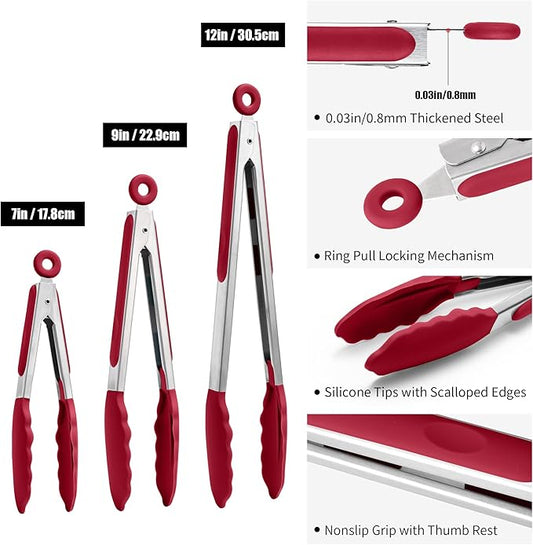 Doosu Kitchen Tongs for Cooking - 600°F Heat Resistant Food Tong Set with Non-Scratch Silicone Tips, Heavy Duty Stainless Steel Locking Tong for BBQ, Grilling Steak, Serving Salad (7+9+12in, Red)
