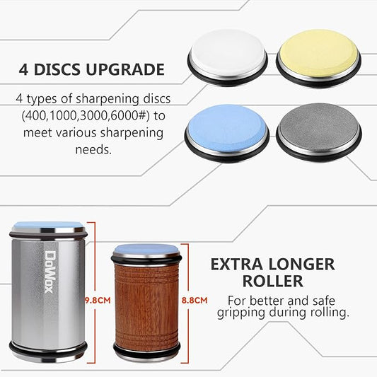 Longer Rolling Knife Sharpener with Leather Strop, Upgraded Rolling Knife Sharpening with 4 Degree Angle and 4PCS Replaceable Honing Discs, Easy to Sharpen Ktichen Knives, Silver