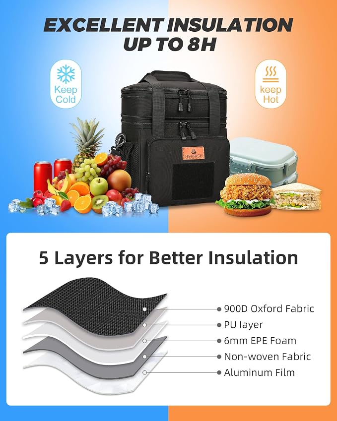 HSHRISH Expandable Large Tactical Lunch Box for Adults, Durable Insulated Lunch Bag with Lots of Storage Space, Cooler Bag for Men Women Work Outdoor Picnic Trip, 16 L, Black