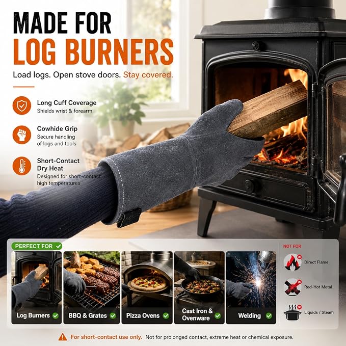 OZERO Welding Gloves: Upgraded Thicker 932°F Heat Resistant, Gray, 14 Inch | 1.2 mm Split Cowhide, Reinforced Palm, Long Cuff, for MIG TIG Stick Forge BBQ Grill Fireplace Fire Pit Wood Stove Oven