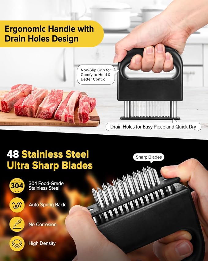Meat Tenderizer Tool with 48 Stainless Steel Ultra Sharp Blades | Stapler Design, Handheld, Meat Mallet Tenderizer Machine, Tenderizing Steak, Beef, Pork, Turkey, Fish, Poultry, Black
