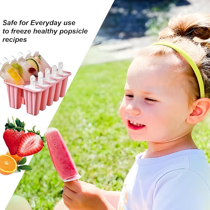 Silicone Popsicle Molds 10 Pcs Ice Pop Maker Molds with 10 Reusable Sticks, Cleaning Brush and Funnel - Homemade Easy-Release Reusable Popsicle Moulds Shapes (Pink)