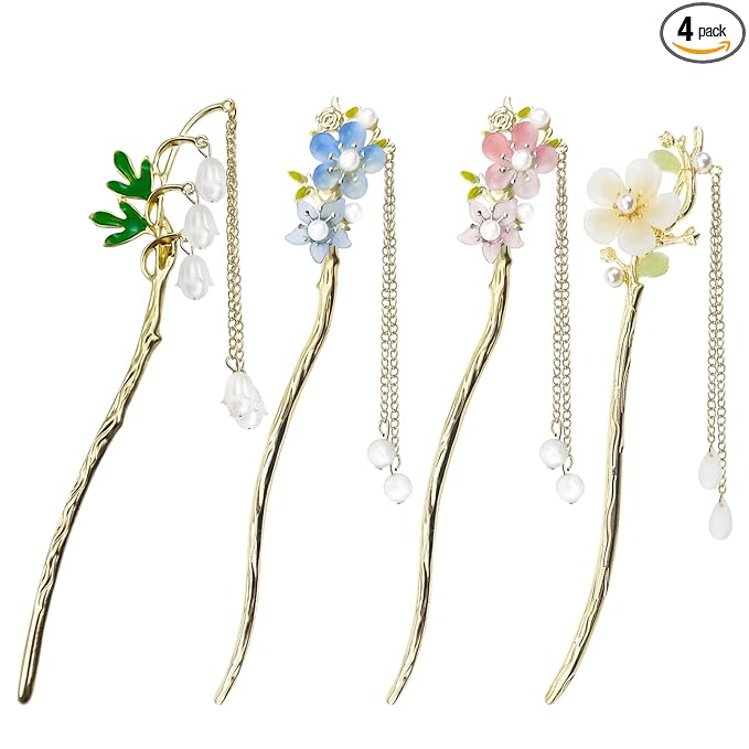 4 PACK Lily of the Valley Chinese Hair Sticks for Women Vintage Retro Pearl Hair Chopsticks Hair Bun Updo Holders Long Hairpins for Women Girls