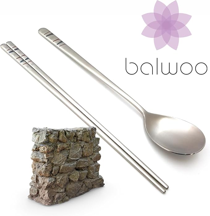[5 Sets] [Made in Korea] Korean Sticky Rice Spoon Chopsticks Set Gold Titanium Plating 304 Stainless Steel Tableware Cutlery Set Mukbang Chopsticks (Stone Wall, 5 Sets)