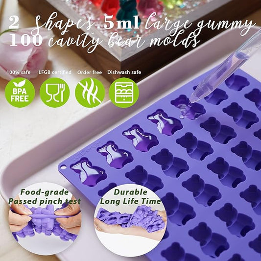 Large Gummy Bear and Worm Mold Silicone, 4 PCS No Stick Chocolate Candy Gummy Molds for Edibles with 2 Droppers & Brush BPA-Free 100 Cavities, Ideal Gift for Kids Adult Halloween Party