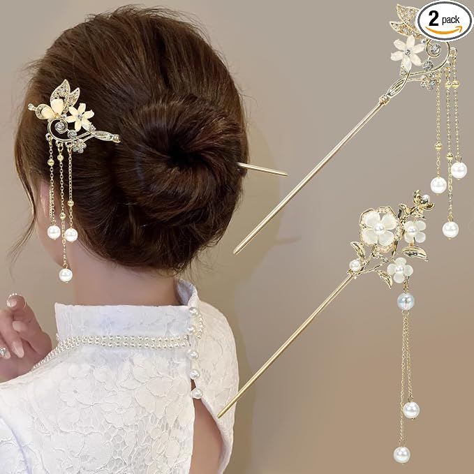 2Packs Lily of the Valley Chinese Hair Sticks for Buns, Pearl Flower Vintage Metal Hair Chopsticks for Women and Girls Dangle Tassel Pendant Hair Accessories Hanfu Handmade Decor Hairpin (beige)