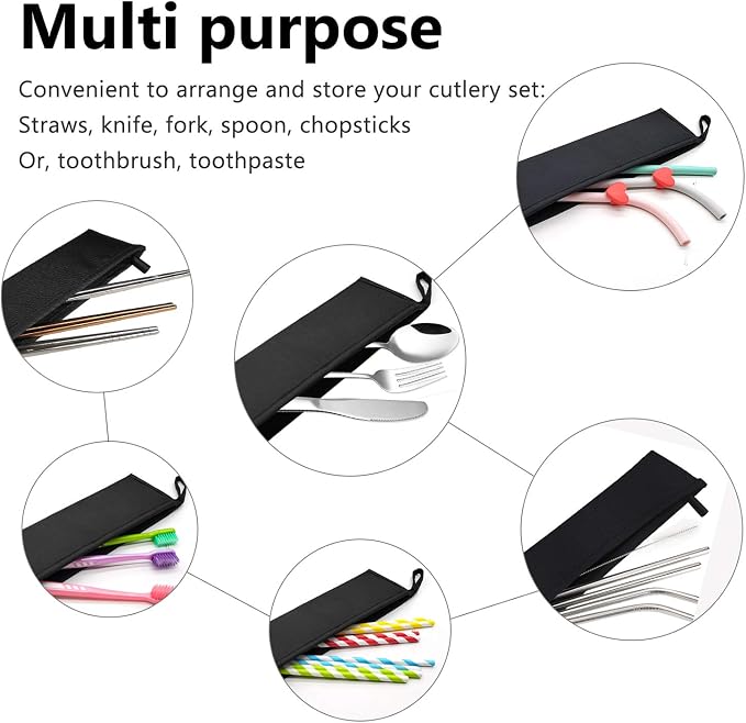 Aosbos Reusable Straws Pouch Carrying Case for Metal, Silicone, Paper, Plastic, Tumbler Straws, Stainless Steel Chopstick, (2-PACK, 11.8 IN, Grey) Black & Grey