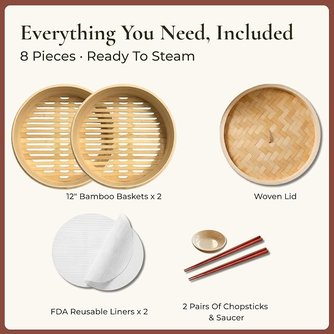 Bamboo Steamer Basket 12-Inch, 2-Tier Dumpling Steamer Cooking | ncl. Silicone Liners, Sauce Dish, Chopsticks - Small Steam Baskets - Food, Dim Sum, Bao Bun, Momo, Rice, Vegetables