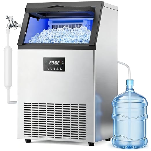 Commercial Ice Maker Machine, 150 lbs/24H Ice Production, 50 lbs Storage Bin, ETL Approval Stainless Steel Under Counter/Freestanding Ice Maker with Self-Cleaning, LED Light & Filter for Home, Bar