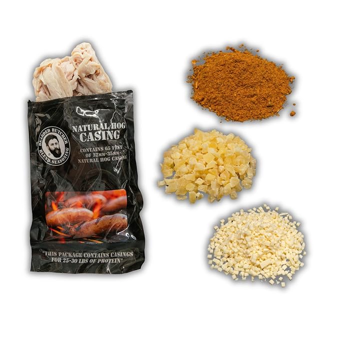 Bearded Butchers Hawaiian Pizza Bratwurst DIY Kit – Sweet & Savory Pizza Brats – Includes Seasoning, Mozzarella, Pineapple & 32mm-35mm Natural Hog Casings – Makes Up to 25 lbs Meat