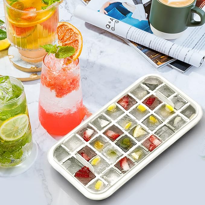 Ice Cube Tray with Lid and Bin, 2 Pack Ice Cube Trays for Freezer, 64 Pcs Ice Cube Mold, Press Button Easy Release Ice Tray, Small Ice Cubes Maker for Drinks (White)