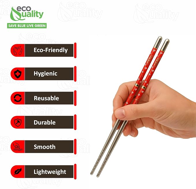 [5 PAIRS] Premium Red Flower Reusable Stainless Steel Chopsticks - Metal Stainless Steel Chopsticks Set - Great for Dinner, Kitchen, Ramen, Dishwasher Safe by EcoQuality (8.8 inches)