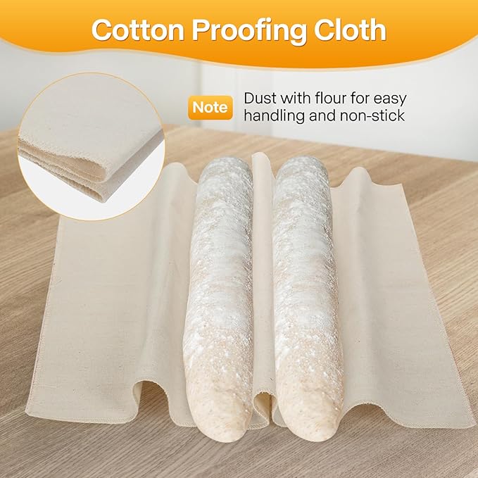 Baguette Bread Pan, Perforated French Bread Baking Pan, Nonstick 3 Loaf Bread Pans for Baking, with Baguette Kit – Includes Proofing Cloth & Dough Cutter, 15x11 Inch Gold