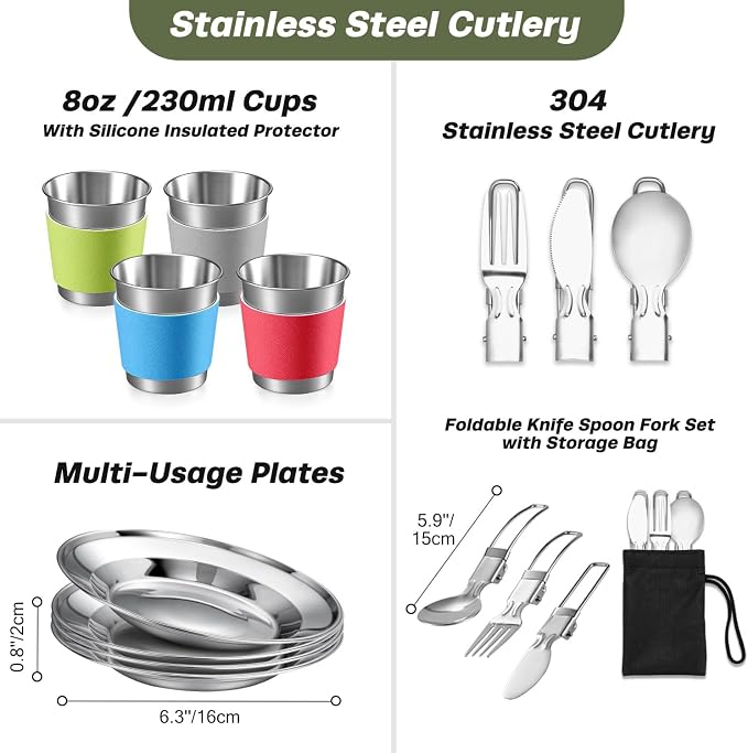 Odoland 29pcs Camping Cookware Mess Kit, Non-Stick Lightweight Pots Pan Kettle, Collapsible Water Container and Bucket, Stainless Steel Cups Plates Forks Knives Spoons for Outdoor Backpacking Picnic
