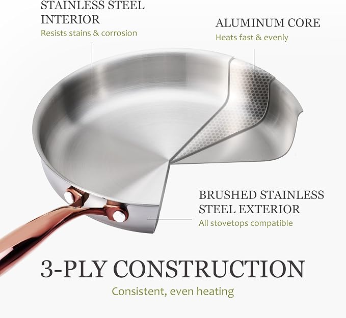 CAROTE 10" Tri-Ply Stainless Steel Frying Pan, Non-Toxic Egg Pan Omelet Pan, Oven Safe, Induction, Ceramic and Gas Cooktops Compatible, Polished Silver