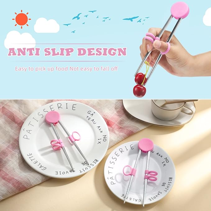 Patelai 2 Pairs Training Chopsticks for Kids, Learning Practice Chopsticks for Toddler Children Beginners Baby Non-slip Silicone Reusable Stainless Steel Metal Helper Tool(Pink)