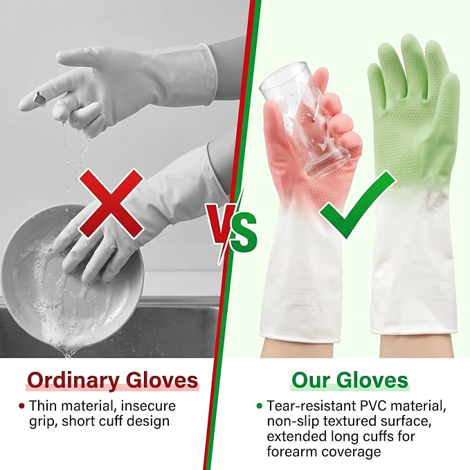 Cleaning Gloves 2 Pairs, Medium Reusable Dishwashing Gloves Honeycomb Non-Slip Grip, Waterproof Long Cuff Household Gloves for Kitchen Dishes Bathroom Laundry Pet Bath, Mint Green & Pink for Women