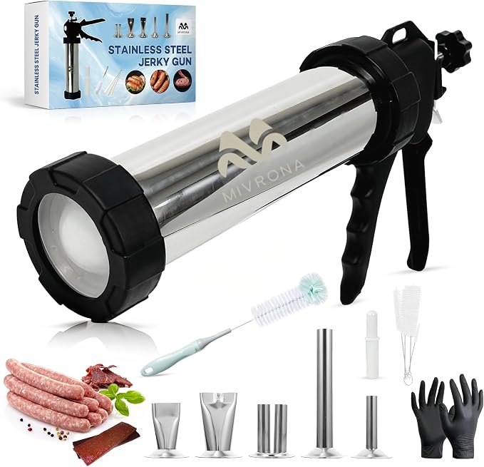 Stainless Steel Jerky Gun & Sausage Stuffer Kit – 1.5 lb Capacity, 5 Nozzle Set, Meat Pusher, 5 Cleaning Brushes, & Food-Safe Gloves – For Beef Jerky, Snack Sticks & Bratwurst