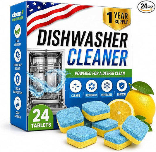 Dishwasher Cleaner Deodorizer Tablets, 24 Pack Dishwasher Cleaning Tablets Descaler Pods for Limescale, Calcium & Hard Water Stains, Lemon Dishwasher Cleaner Pods for Odor, Grease & Machine Care