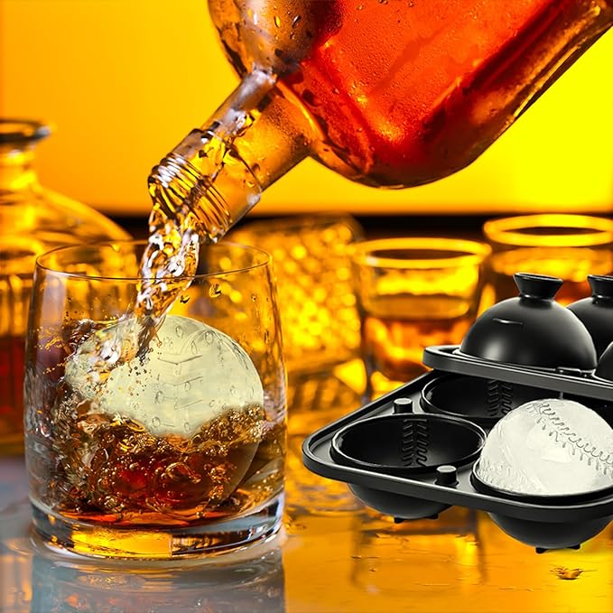 4 Pack Baseball Ice Cube Mold 2.2 Inch Large Silicone Round Ice Cube Molds Fun Shapes Craft Sphere Ice Molds Novelty Gifts Stuff for Men and Women Cocktails, Bourbon,Brandy, Whiskey(4, Baseball)