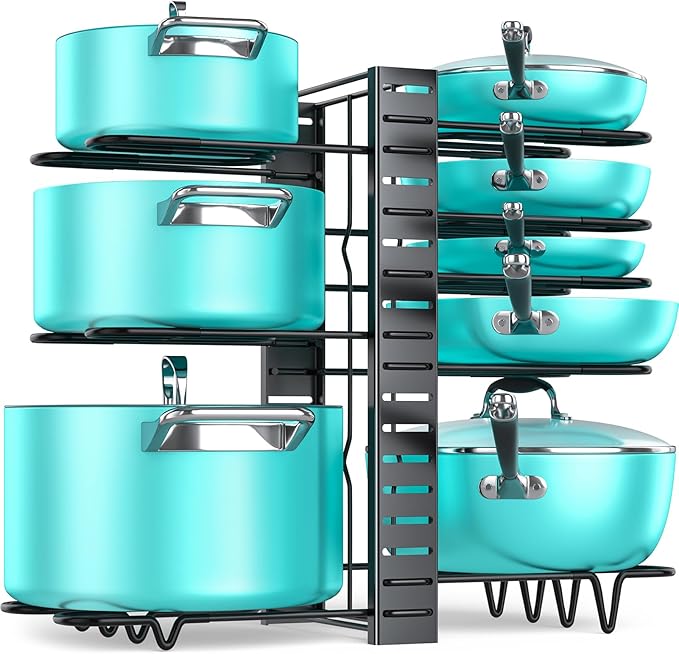 MUDEELA 8-Tier Lightweight pot and pan organizer for under cabinet, 16.6" H | 3 DIY Methods, Holds up to 12-inch cookware neatly, Adjustable Pot Pan Rack, Pot Lid holder for Kitchen, Easy Assembly