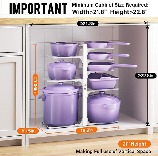 MUDEELA 8-Tier Heavy Duty Pots and Pans Organizer for Cabinet, 20.8"H White | Adjustable heavy-duty pot rack, Holds big stockpots and cookware, Fits under cabinet or on countertops, Easy Assembly
