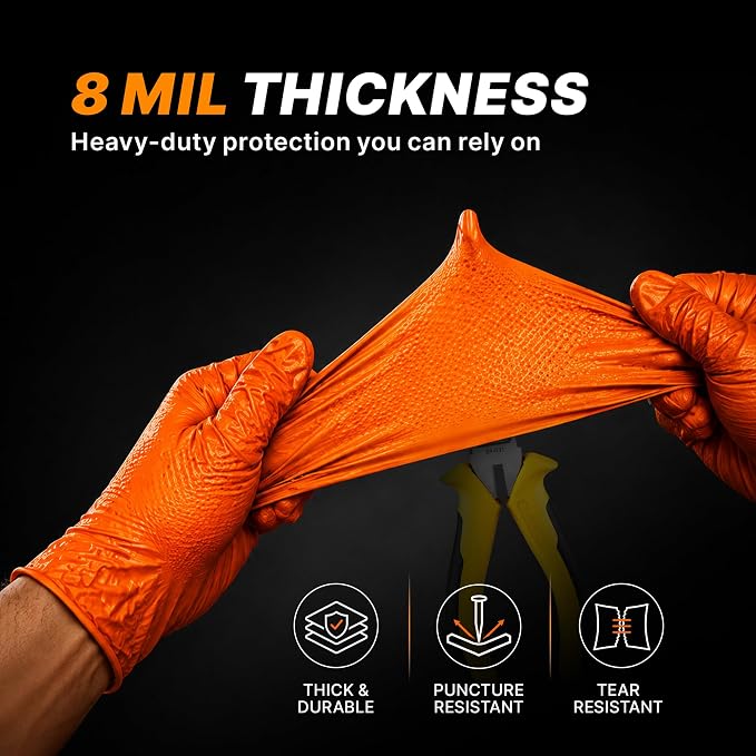 TitanFlex Heavy Duty Industrial Orange Nitrile Gloves, 8-mil, Gloves Disposable Latex Free with Raised Diamond Texture Grip, Powder Free, Rubber Glove, Mechanic Gloves,100-ct Box (Small)