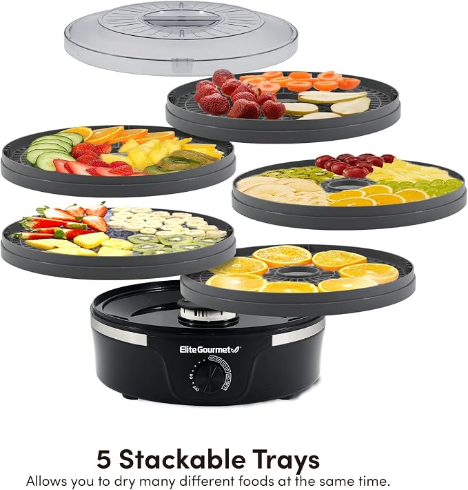 Elite Gourmet EFD319DKG Food Dehydrator, 5 BPA-Free 11.4" Trays, Black/Grey | Adjustable temperature controls - makes jerky, herbs, fruit & veggies into dried snacks - a handy meat & herb drying option